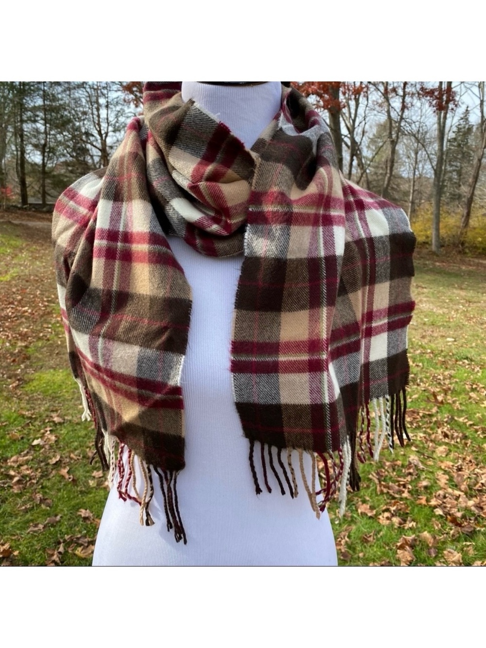 SCARF SCOTLAND CASHMERE BROWN RED TAN CREAM PLAID FRINGE LONG RECTANGLE